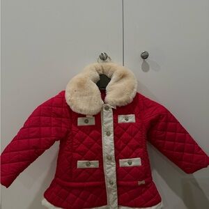 Red Quilted Coat with Faux Fur Collar